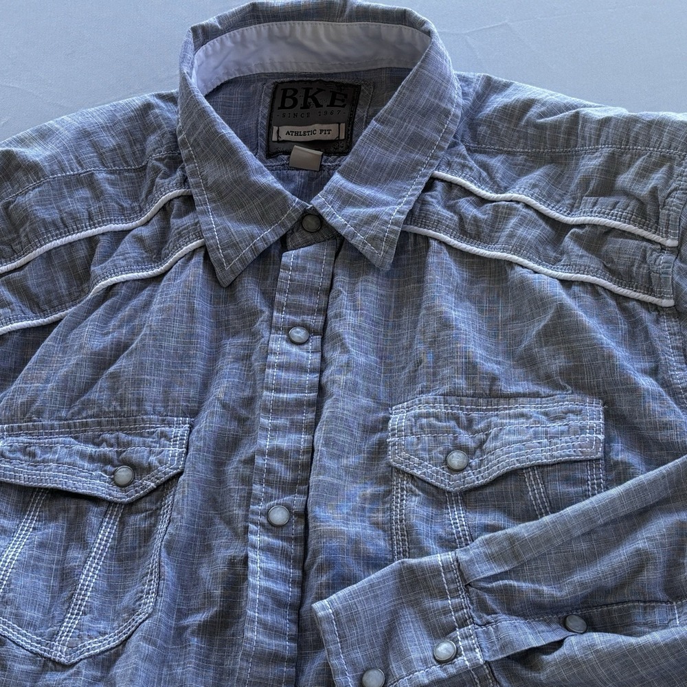 BKE Men's Western Snap Shirt XXL Athletic Fit Blue Plaid Long Sleeve